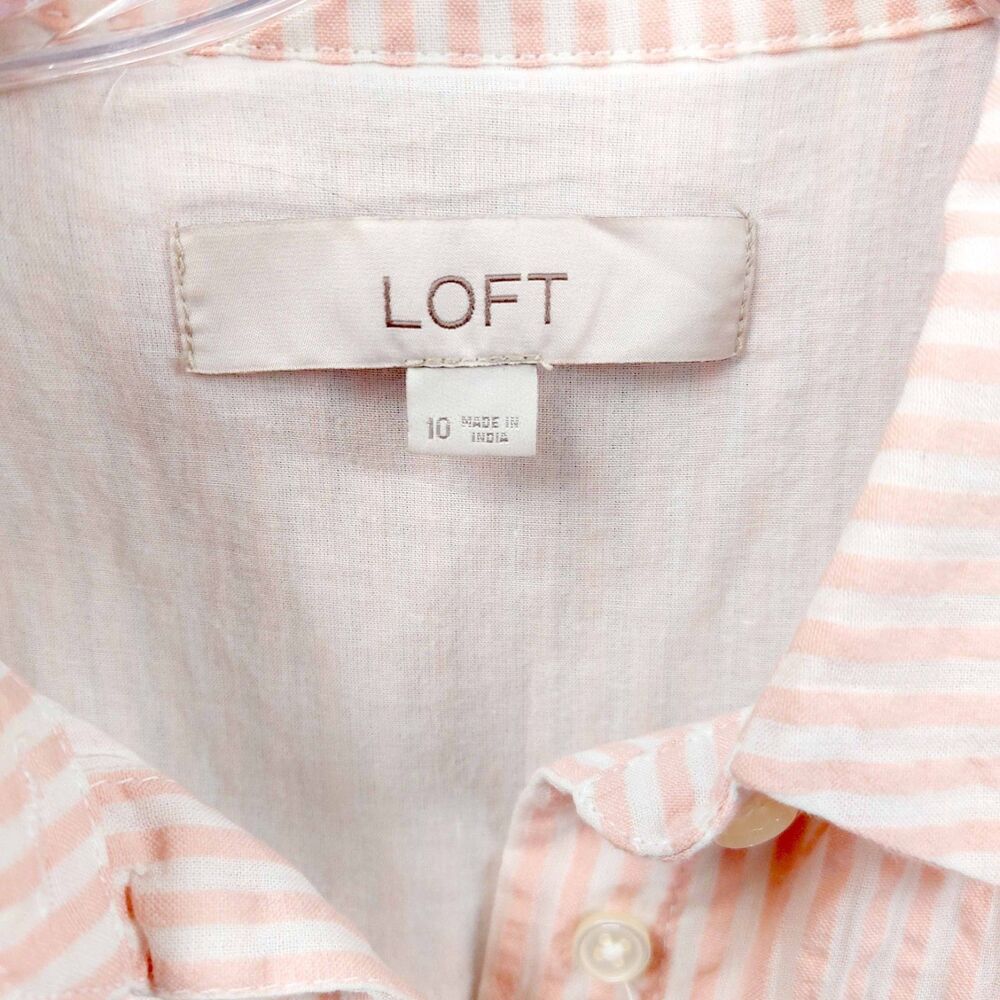 LOFT Pink White Seersucker Belted Midi Shirt Dress Size 10 - Picture 10 of 12